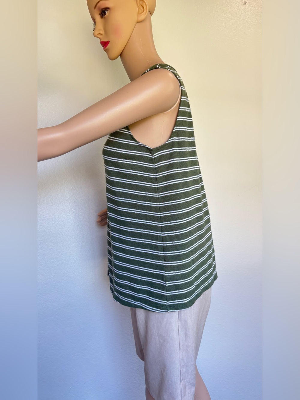 Old Navy Olive and White Striped Sleeveless Split-Neck Tank - Picture 6 of 13